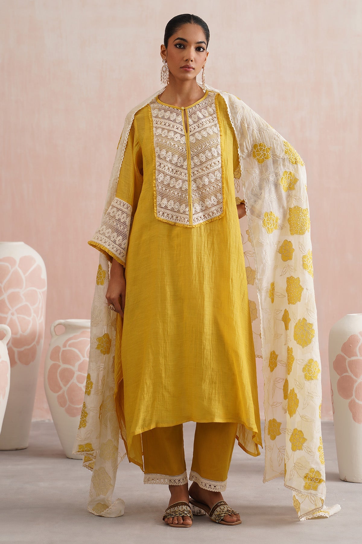 Buy Yellow Lace A-Line Kurta Set for women online available at Scrollnshops